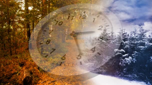 Composite Numérique Des Saisons Hiver Automne Séparé Par Une Horloge — Video