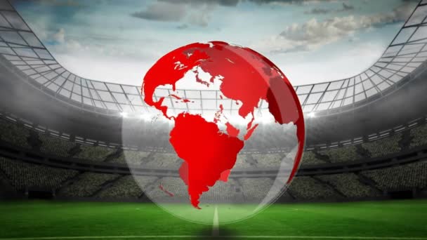 Animation Numérique Globe Rouge Tournant Dans Stade — Video