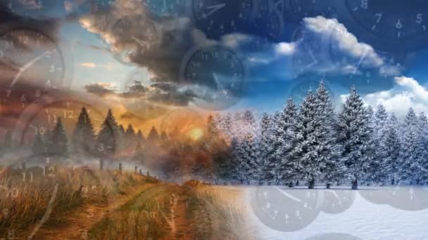 冬季和秋季树木的数字动画 时钟在前景中飞行 — 图库视频影像