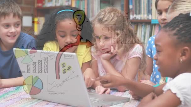 Digital Composite Little Kids Watching Laptop Library Illustrations Graphs Statistics — Stock Video