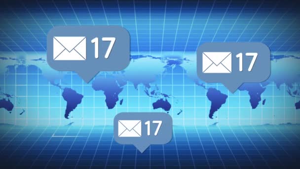 Digital Animation Message Icons Increasing Count World Map Background — Stock Video