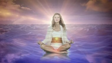 Arkasında parlak parlayan ışıklar ile dijital su üzerinde meditasyon bir kadının dijital animasyon