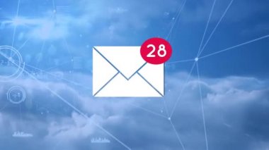 Bağlı nokta ve çizgilerle gökyüzü arka planında sayı sayan bir e-posta simgesinin dijital animasyonu