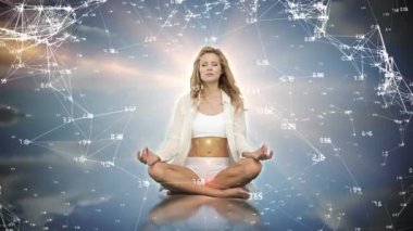 Kafkasyalı bir kadının dijital bileşimi gökyüzünde meditasyon yapıyor arkasında parlak bir ışık parlıyor ve ön plandaki çizgi ve noktalardan oluşan ağları birbirine bağlıyor.