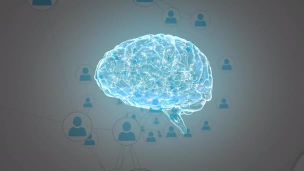 Digital Animation Glowing Brain Connected Network Profile Icons Foreground — Stock Video