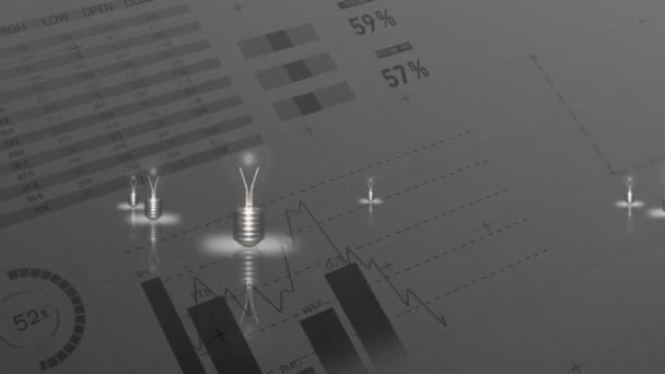 Animation Numérique Des Ampoules Allumées Avec Graphiques Statistiques Arrière Plan — Video