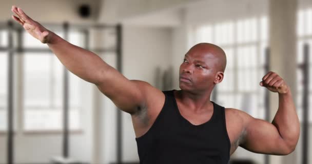 Front View African American Man Crossing Arms Posing Gym — Stock Video