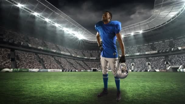 Digital Animation African American Football Player Standing Field Stadium — Stock Video