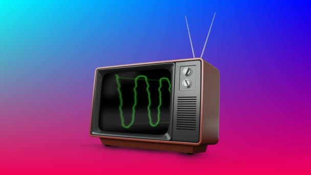 Animación Digital Televisor Con Ondas Verdes Pantalla Fondo Azul Púrpura — Vídeo de stock