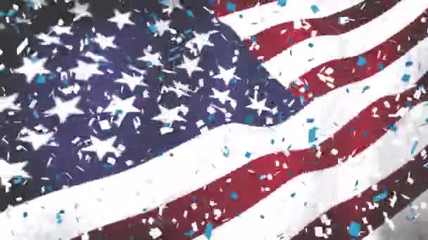 Animación Digital Una Bandera Americana Ondeando Contra Viento Confeti Cayendo — Vídeos de Stock