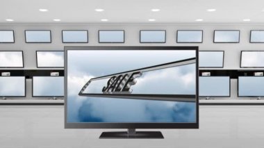 Ekranında satış etiketi olan düz ekran televizyonun dijital animasyonu. Arkasında duvarda görüntülenen diğer televizyonlar var.