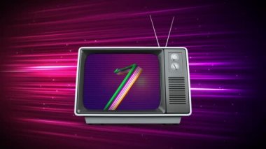 Parlak arka plan ve ekranında ışık demetleri ile bir televizyon dijital animasyon