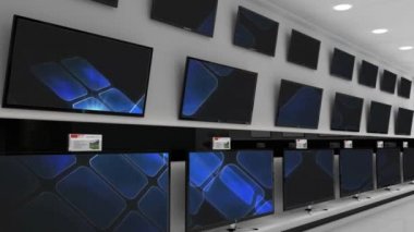 Ekranları açık bir elektronik mağazasında sergilenen düz ekran televizyonların dijital animasyonu