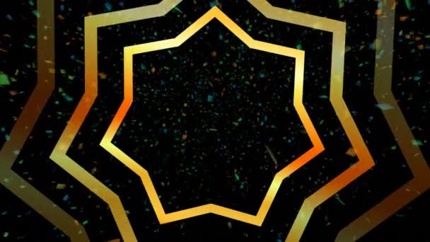 Animation numérique d'une étoile concentrique avec confettis sur fond noir 