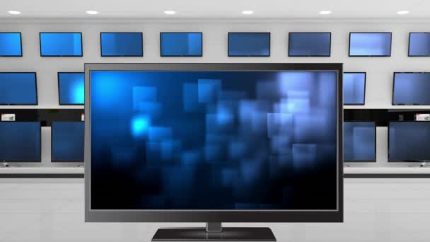 屏幕发光方块的平板电视的数字动画 后面是墙上的其他电视机 — 图库视频影像