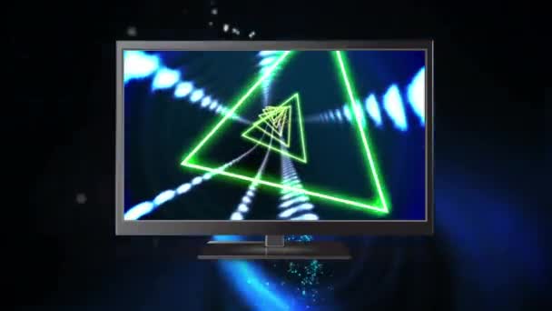 Digitale Animation Eines Flachbildfernsehers Mit Neondreieckigen Tunneleffekten Auf Seinem Bildschirm — Stockvideo