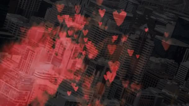 Digital Animation View City Tall Buildings Hearts Flying Foreground — Stock Video