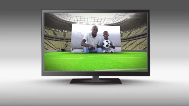 Цифровая Анимация Телевизора Плоским Экраном Экране Которого Люди Смотрят Игры — стоковое видео