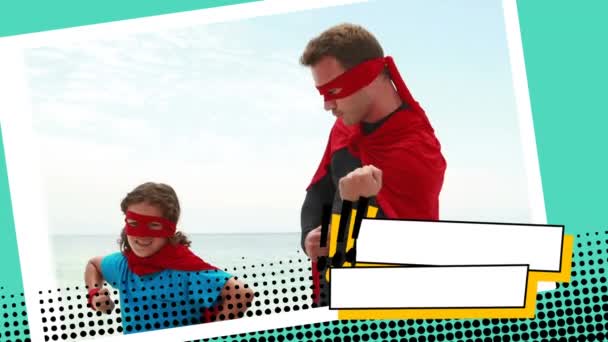 海岸でスーパーヒーローの衣装を着た娘と白人の父親の正面図 — ストック動画