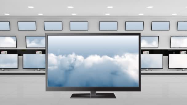 Digitale Animatie Van Flat Screen Televisies Weergegeven Een Winkel Met — Stockvideo