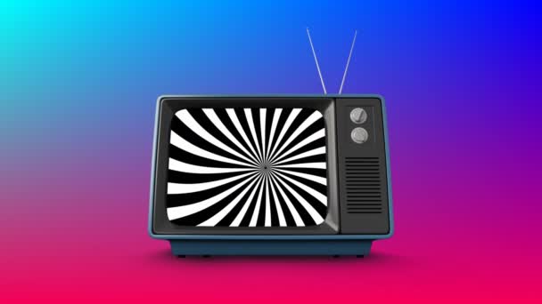 电视的数字动画 其屏幕上有旋转的黑白条纹 具有渐变蓝色和紫色背景 — 图库视频影像