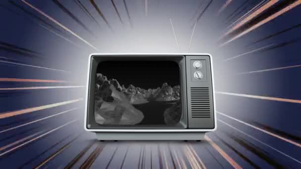屏幕上带有河流和山脉的电视的数字动画 — 图库视频影像