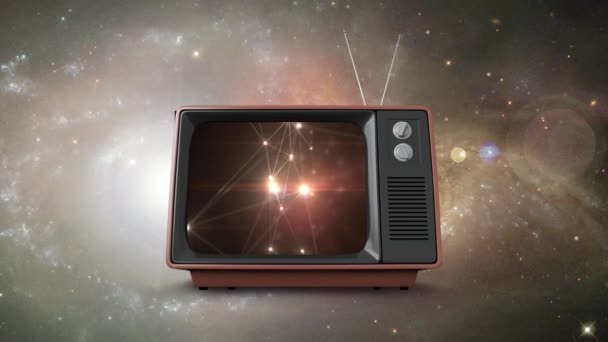 Цифровой Композитный Телевизор Летящий Космосе Соединенными Линиями Точками Экране — стоковое видео