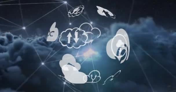 Animación Digital Diferentes Iconos Nubes Dispuestas Una Esfera Girando Mientras — Vídeos de Stock