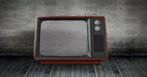 Digitally Generated Animation Old Television Static Screen Placed Wooden Floor — Stock Video