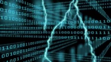 Siyah bir arka plan üzerinde şimşek görünürken ekranda hareket eden ikili kodların dijital animasyonu