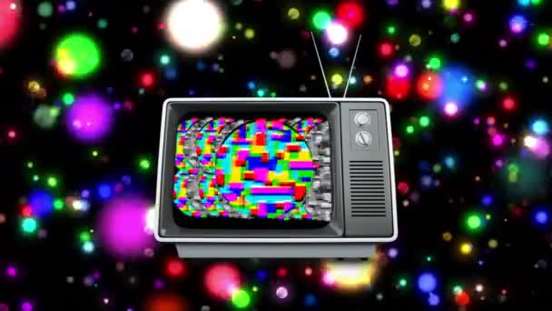 数字生成的动画的旧电视 而丰富多彩的静态播放在屏幕上和彩色散景的背景 — 图库视频影像