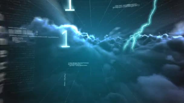Digitale Animation von Binärcodes, die sich auf dem Bildschirm bewegen und Hintergrund von Blitzen, die sich mit den Wolken bewegen