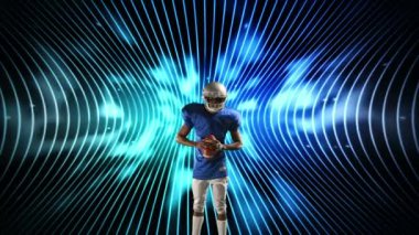 Dijital kompozit parlayan çizgilerbir arka plan ile bir futbol tutan bir Amerikan futbolcu