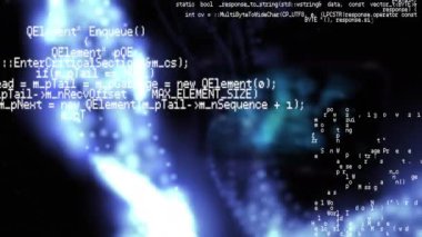 Ekran ve parlayan çizgiler ve program kodları ile bir dikdörtgen ekran yanında parlayan partiküllerin arka plan hareket program kodları dijital animasyon