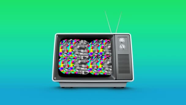 数字生成的动画的旧电视与彩色静态在屏幕上对蓝色和绿色背景 — 图库视频影像