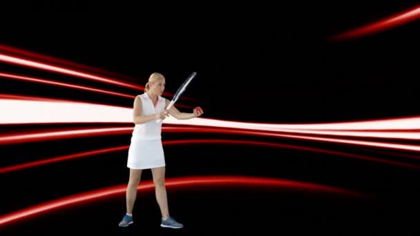 Цифровая Композиция Белой Женщины Играющей Теннис Черный Фон Светящимися Линиями — стоковое видео