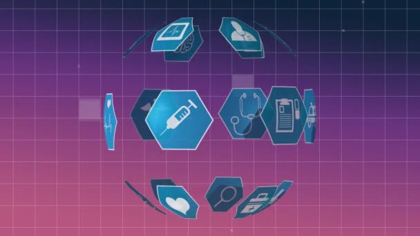 Цифрова Анімація Медичних Іконок Розташованих Сферично Квадратним Візерунком Фону — стокове відео
