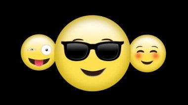 Göz kırparak bir emoji dijital animasyon, güneş gözlüğü emoji ile bir yüz, ve siyah bir arka plan karşı bir kızarma emoji