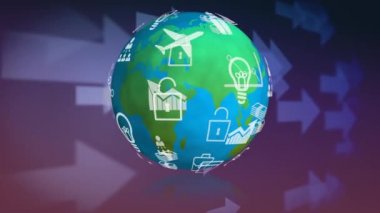 Oklar ekranda hareket ederken bir kürede dönen uygulama simgelerinin dijital animasyonu