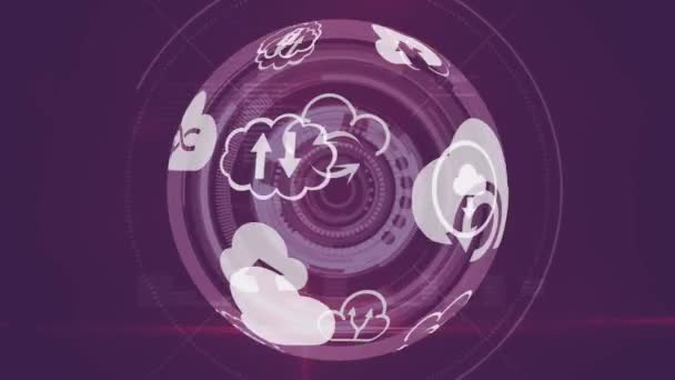 背景が未来的な円を示している間 球状に回転配置された異なる雲のアイコンのデジタルアニメーション — ストック動画