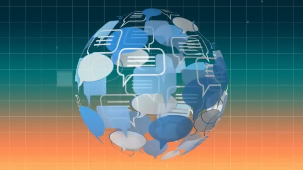 Цифровая Анимация Иконок Пузыря Сообщений Расположенных Сферически Вращающихся Фоне Синего — стоковое видео