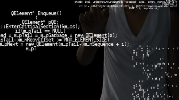 Digital Composite Woman Using Touchscreen While Program Codes Move Screen — Stock Video