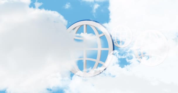 Animación Digital Símbolos Del Globo Rebotando Mientras Las Nubes Mueven — Vídeo de stock