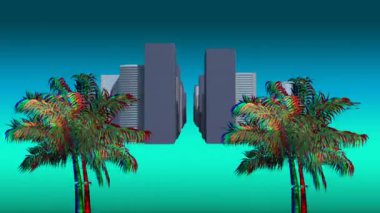 Renkli palmiye ağaçları nın ve mavi degrade arka plan ile ekranda hareket eden binaların dijital animasyon