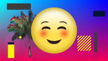 Renkli bir palmiye ağacı ve mavi ve pembe gradyan ile dörtgenler ile bir utangaç emoji dijital animasyon