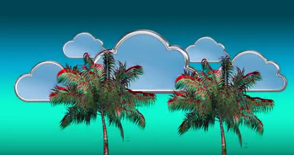 五颜六色的棕榈树和云的数字动画在蓝色渐变背景 上移动 — 图库视频影像