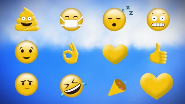 Digital Animation Olika Gula Emojis Med Bakgrund Himlen Med Moln — Stockvideo