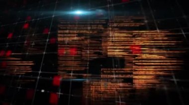 Program kodlarının ve siyah arka plana doğru hareket eden kırmızı karelerle kare desenlerin dijital animasyonu