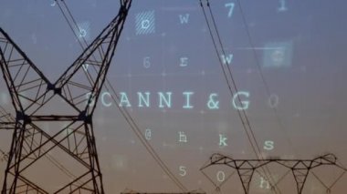 Gün batımında elektrik hatlarının arka planıyla ekranda hareket eden siber güvenlik sözcüklerinin dijital animasyonu