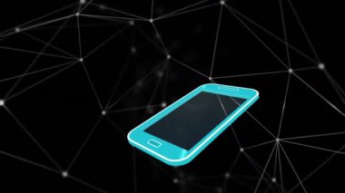Asimetrik çizgiler siyah bir arka plana karşı hareket ederken uygulama simgeleri ile bir cep telefonu dijital animasyon